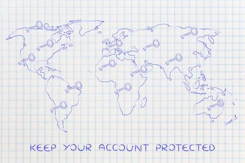 World map with keys, concept of passwords &amp; connection security Stock Illustration