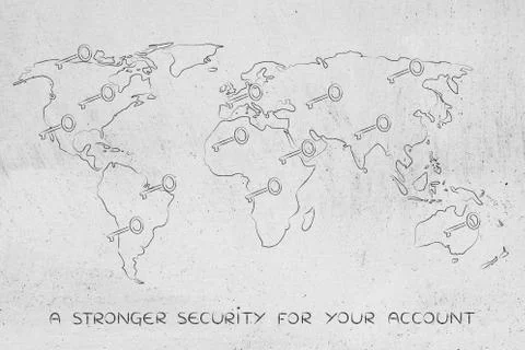 World map with keys, concept of passwords &amp; connection security Stock Illustration