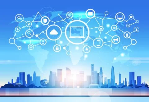 World map laptop icon database cloud security network futuristic interface data Stock Illustration