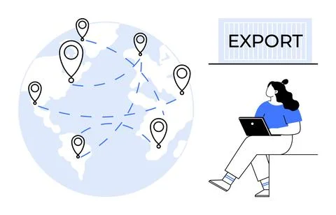 World map with location markers, dotted paths, EXPORT container, woman with l Stock Illustration