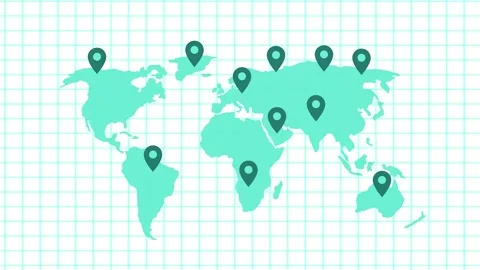 World Map with Location Markers on Grid Line Animation Stock Footage 318104671