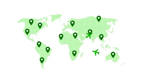 World Map with Location Pins and Airplane Icons Animation Stock Footage 317850706