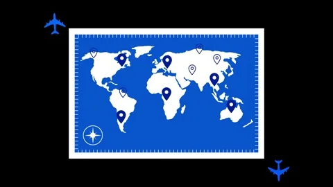 World Map with Location Pins and Airplane Icons Animation Stock Footage 317851464