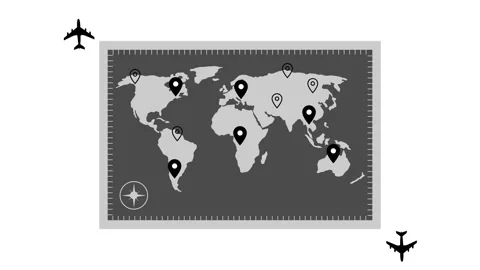 World Map with Location Pins and Airplane Icons Animation Stock Footage 317851504