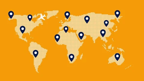 World Map with Location Pins and Airplane Icon Animation Stock Footage 317855162