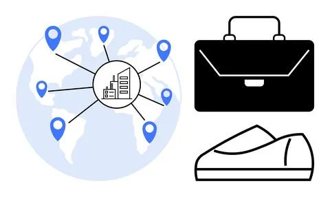 World map with location pins connected to a central factory, black briefcase, Stock Illustration