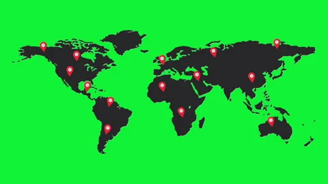 World map with location pins on green background Video stock 308932833