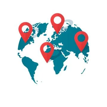 World map location pins vector, global gps transportation geo pointer Stock Illustration