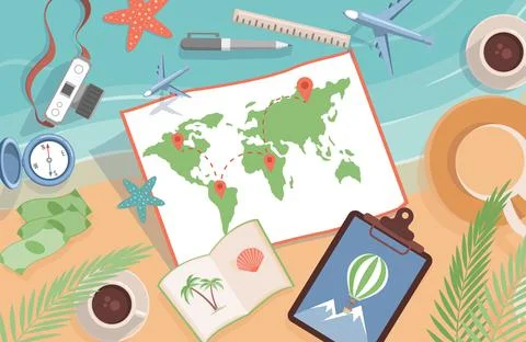 World map with location points and travel items vector flat illustration Stock Illustration