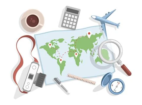 World map with location points vector flat illustration. Planning summer Stock Illustration