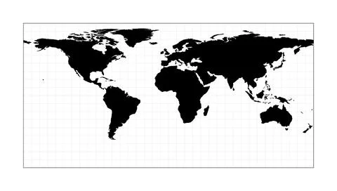 World map with longitude lines. Equirectangular (plate carree) projection. .. Illustrazione stock