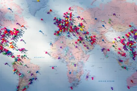 World map with lots of pushpins Stock Photos