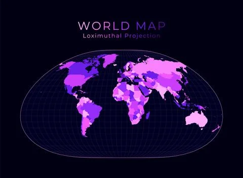 World Map. Loximuthal projection. Digital world illustration. Bright pink n.. Stock Illustration