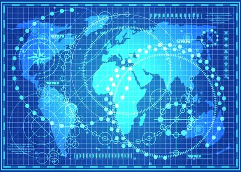 World map on a luminous interface. Illustrazione stock