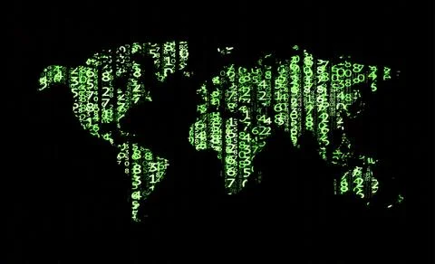 World map made from binary code on a dark background Stock Illustration