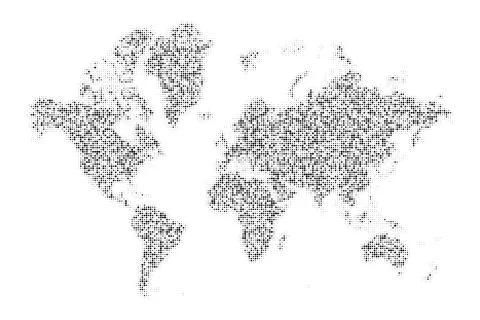 World map made of black halftone dots representing global continents and geog Illustrazione stock