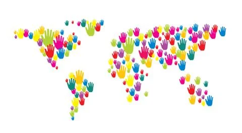 World map made ​​of colorful hands Stock Illustration