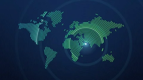 World map made of concentric ring lines with sonar pulses spreading from Asia Vídeo Stock 348338263