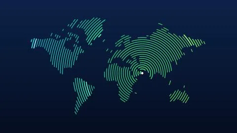 World map made of concentric ring lines with sonar pulses spreading from As.. Stock Illustration