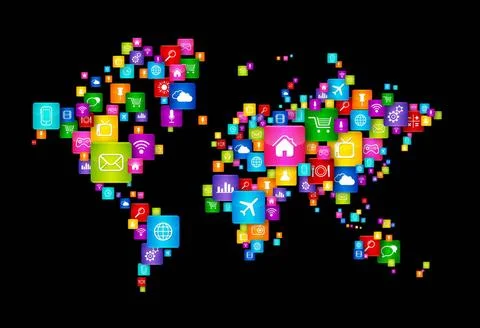 World Map made of Flying Desktop Icons World Map made of Flying Desktop Ic... Stock Photos
