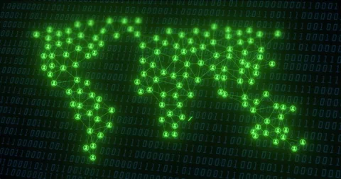 World map made of glowing green nodes and binary code animation Stock Footage 304767750
