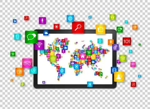 World map made of icons on digital Tablet PC. Cloud computing concept Stock Illustration