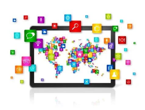 World map made of icons on Tablet PC. Cloud computing concept Stock Illustration