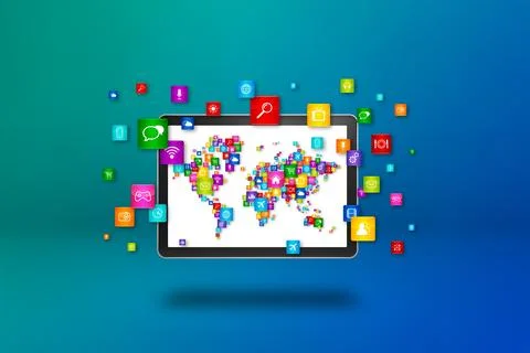 World Map made of icons on a tablet PC screen Stock Illustration