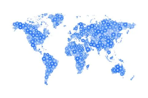 World Map made up from modern blue circles different sizes with bright glowing Stock Illustration