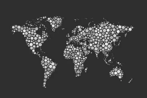 World Map made up from modern white circles different sizes on black Stock Illustration