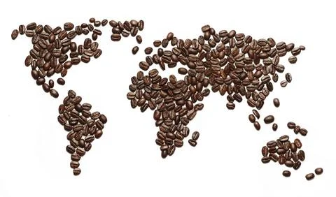 A world map made from roasted coffee beans shows that people around the world Stockfoto's