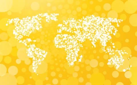World map made of small dots on a yellow background with bubbles Stock Illustration