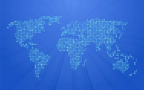 World map made up of small polka dots on blue background with rays Illustrazione stock