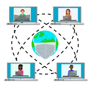World map with mask and laptops with avatars isolated on white background. Stock Illustration