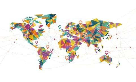 World map mesh connecting global concept with colorful triangle Stock Illustration