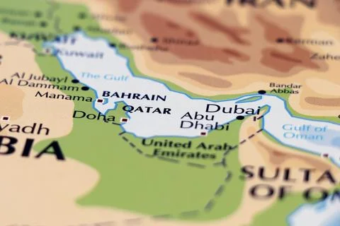 World map of middle east countries with close up focus qatar, bahrain and u.. Foto stock