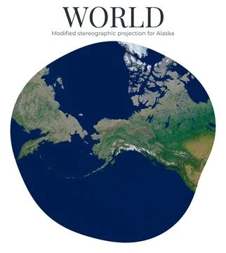 World Map. Modified stereographic projection for Alaska. High Detail Physic.. Ilustração Stock