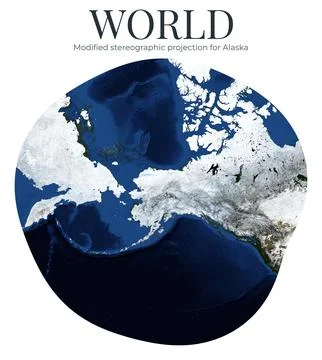 World Map. Modified stereographic projection for Alaska. High Detail Physic.. Ilustração Stock