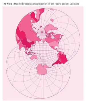 World Map. Modified stereographic projection for the Pacific ocean. Countri.. Stock Illustration