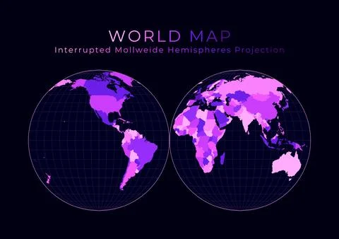 World Map. Mollweide projection interrupted into two (equal-area) hemispher.. Stock Illustration