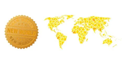 World Map Mosaic of Golden Elements and Metal New World Stamp Stock Illustration