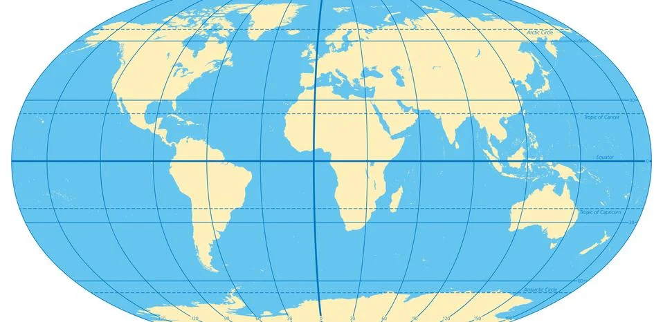 World map with most important circles of latitudes and longitudes Stock Illustration
