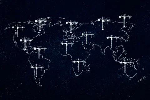 World map with multitude of tower cranes on all continents Ilustración de archivo