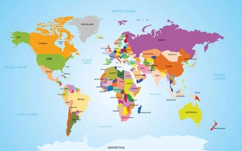 World map with names of countries and oceans. Travel agency concept Stock Illustration