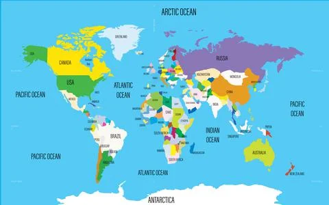 World map with names of countries and oceans. Travel agency concept Stock Illustration