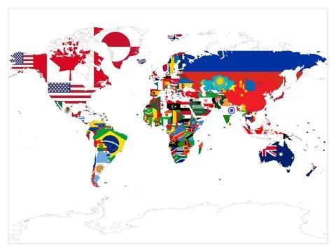 World Map With National Flags Displayed Clearly Stock Illustration