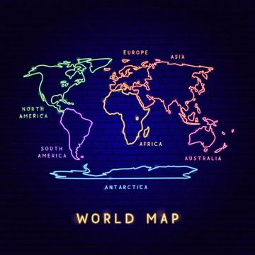 World Map Neon Continents Text Stock Illustration