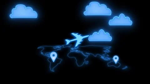 World map neon glowing gps location pin with cloud animation Stock Footage 336911143