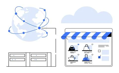 World map network, cloud server, and online storefront with shopping items. I Stock Illustration