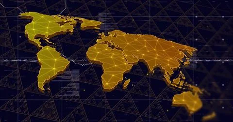 World map with network connections image over dark geometric background 스톡 일러스트